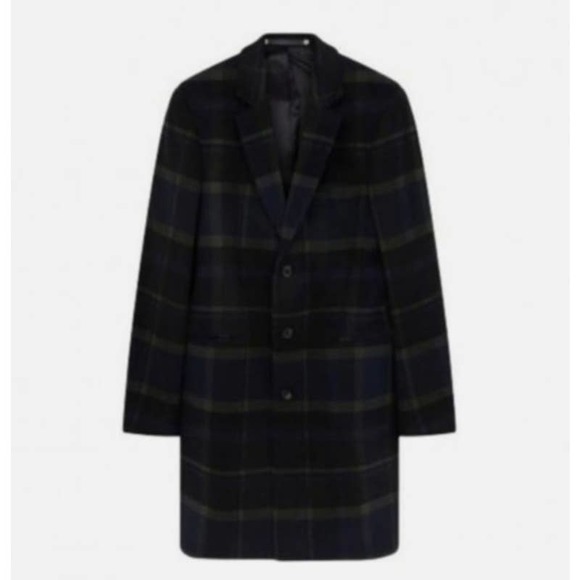 Paul Smith Men's Wool Overcoat, Black, Green, Navy Blue Plaid, Size Medium